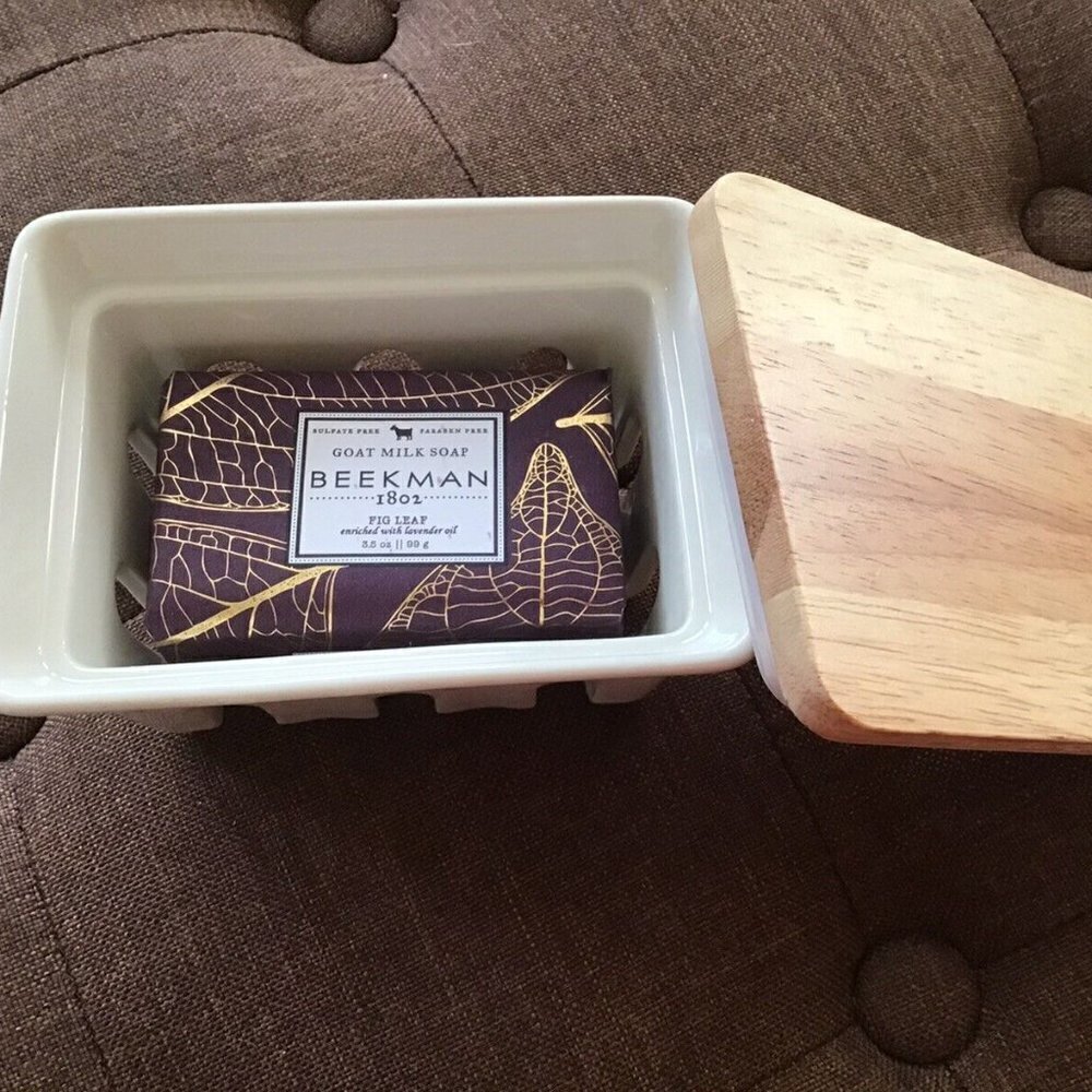 Beekman 1802 Ceramic Soap Dish & FIG LEAF palm size goat milk soap - BRAND NEW